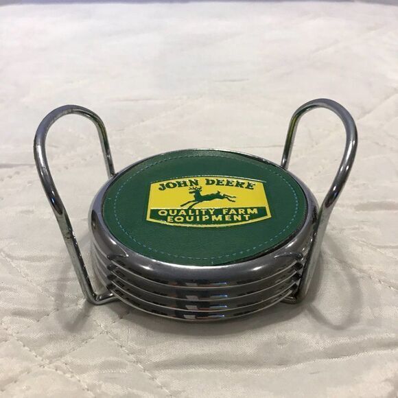 4 John Deere leather faced coasters with holder - Picture 2 of 5